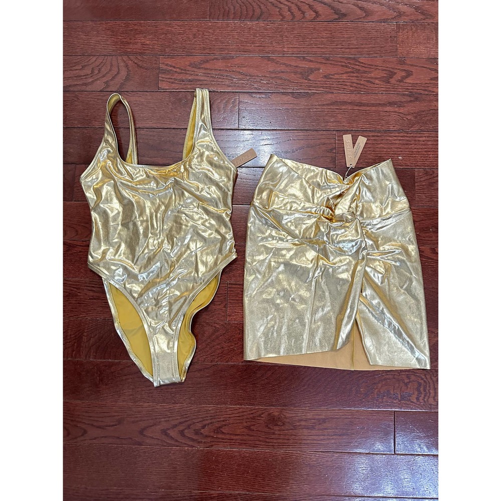 NWT SKIMS Swim Metallic Collection One Piece and Sarong Gold